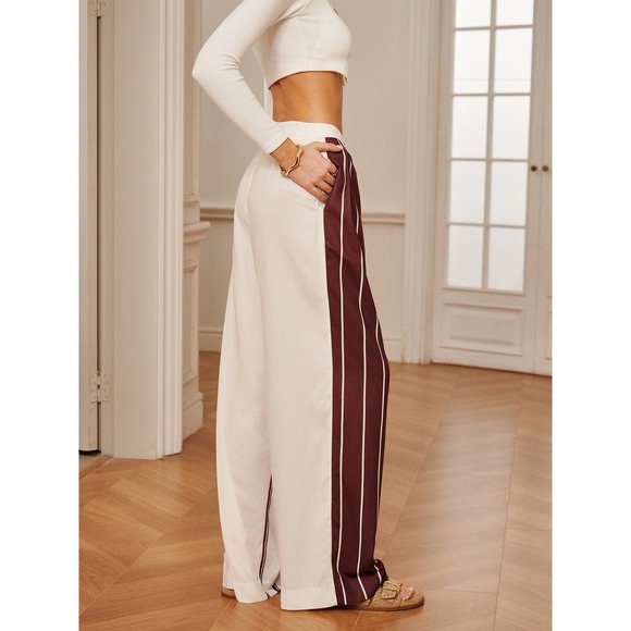 Commense Burgundy Striped Wide Leg Pants High Waist Career Casual Size‎ S - Picture 4 of 12
